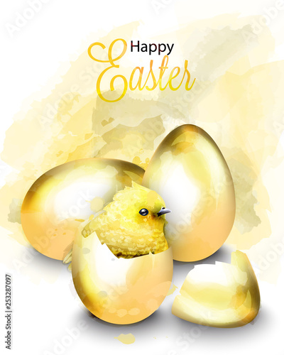 Happy Easter card with cute chicken Vector. Watercolor golden eggs illustrations