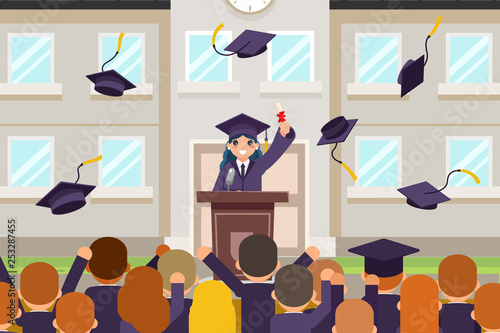 Female graduate tribune speech crowd students celebrate rejoice flying graduation hats solemn character flat design vector illustration