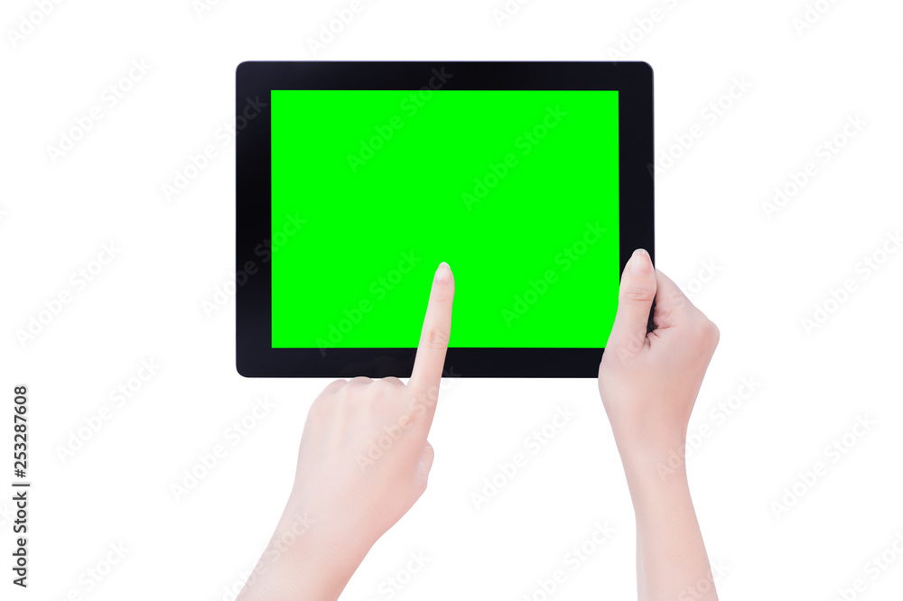 Young beautiful girl holding a black tablet pc template with green screen isolated on white background, close up, mock up, clipping path, cut out Young beautiful girl holding a black tablet pc template with green screen isolated on white background, close up, mock up, clipping path, cut out