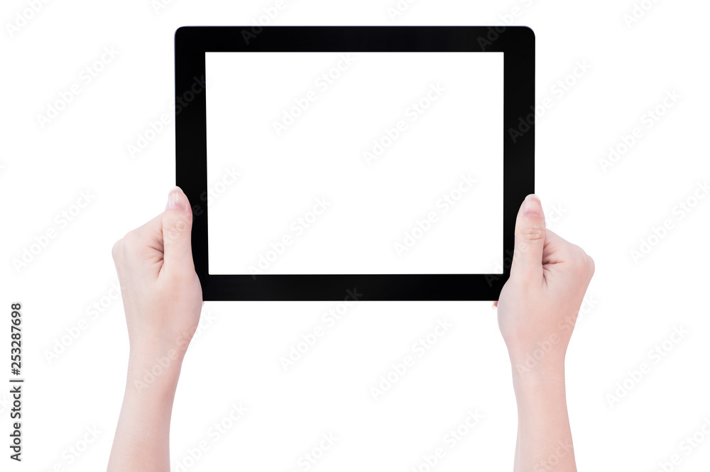 Teenage beautiful girl holding a black tablet pc template with white screen isolated on white background, close up, mock up, clipping path, cut out Teenage beautiful girl holding a black tablet pc template with white screen isolated on white background, close up, mock up, clipping path, cut out