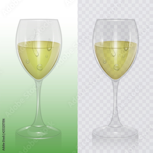 Transparent vector wine glass with White wine, template of glassware for alcoholic drinks. Realistic vector illustration