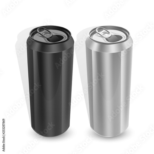 Set of Aluminum cans of Black and Silver colors, isolated on white background. The image of the empty layout for your design, 3D vector Illustration