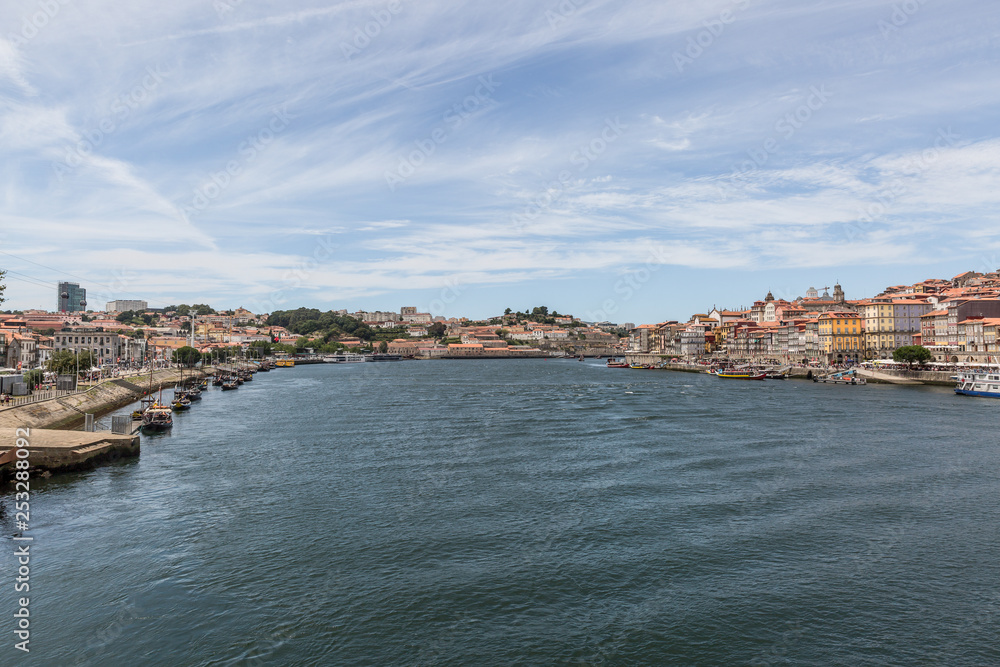 Cityscape of Porto, Vila Nova de Gaia and Douro river from above in Portugal