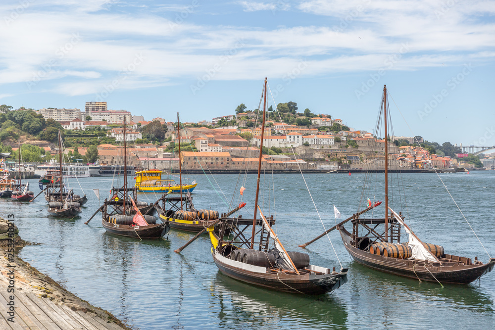 Typical portuguese wooden boats, called -barcos rabelos- used in the past to transport the famous port wine towards the cellars of the city