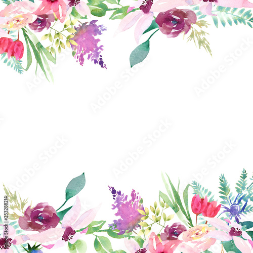 Wedding spring romantic bridal frame wreath. pink purple and white flowers green leaves ornament