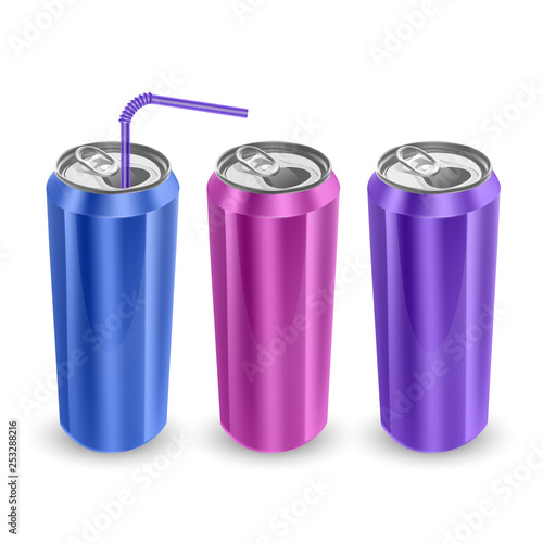Set of Aluminum cans of Blue, Pink and Purple colors, isolated on white background. The image of the empty layout for your design, 3D vector Illustration