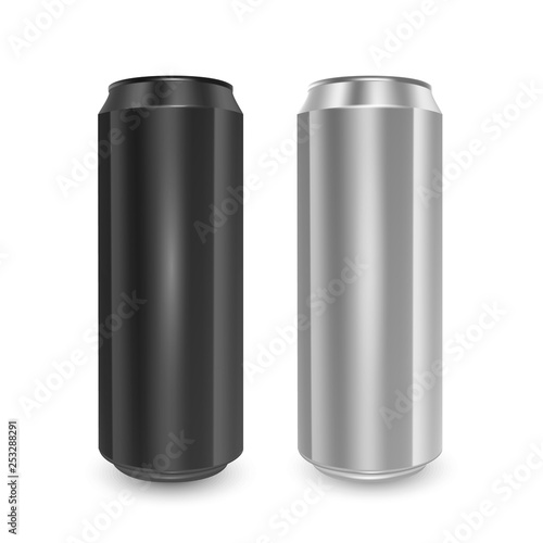 Set of Aluminum cans of Black and Silver colors, isolated on white background. The image of the empty layout for your design, 3D vector Illustration