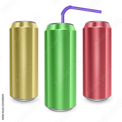 Set of Aluminum cans of yellow,green and red colors, isolated on white background. The image of the empty layout for your design, 3D vector Illustration