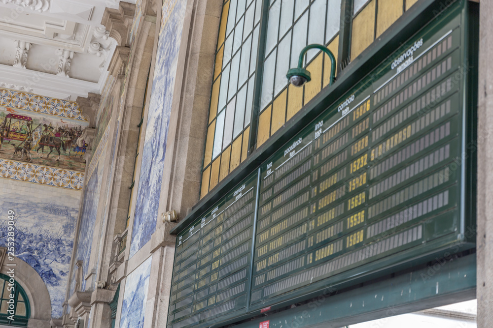 Departure board at the Sao Bento railway station in Porto Departure board at the Sao Bento railway station in Porto