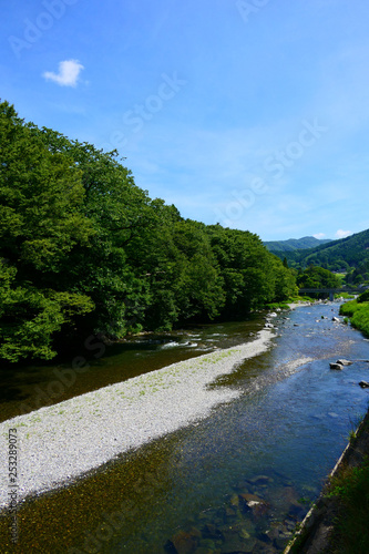 山間地の清流、夏の気仙川。陸前高田 岩手 日本。７月上旬。