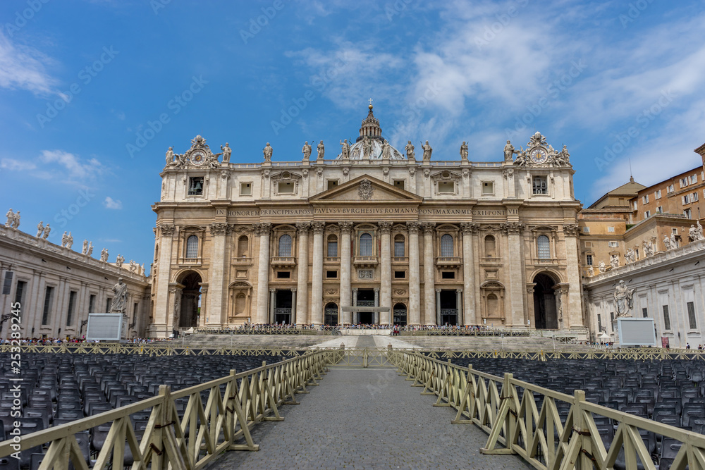 Saint Peter's Basilica on a bright summer day with blue sky