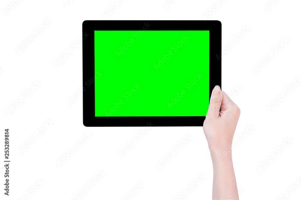 Teenage beautiful girl holding a black tablet pc template with green screen isolated on white background, close up, mock up, clipping path, cut out Teenage beautiful girl holding a black tablet pc template with green screen isolated on white background, close up, mock up, clipping path, cut out