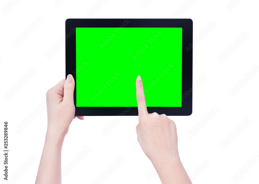 Young beautiful girl holding a black tablet pc template with green screen isolated on white background, close up, mock up, clipping path, cut out Young beautiful girl holding a black tablet pc template with green screen isolated on white background, close up, mock up, clipping path, cut out