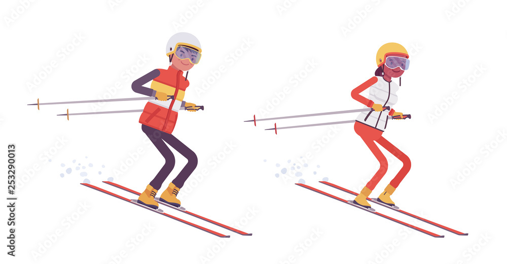 Obraz premium Sporty man and woman ski jumping, enjoy winter outdoor activities on resort, having active holiday, wintertime tourism and recreation. Vector flat style cartoon illustration isolated, white background