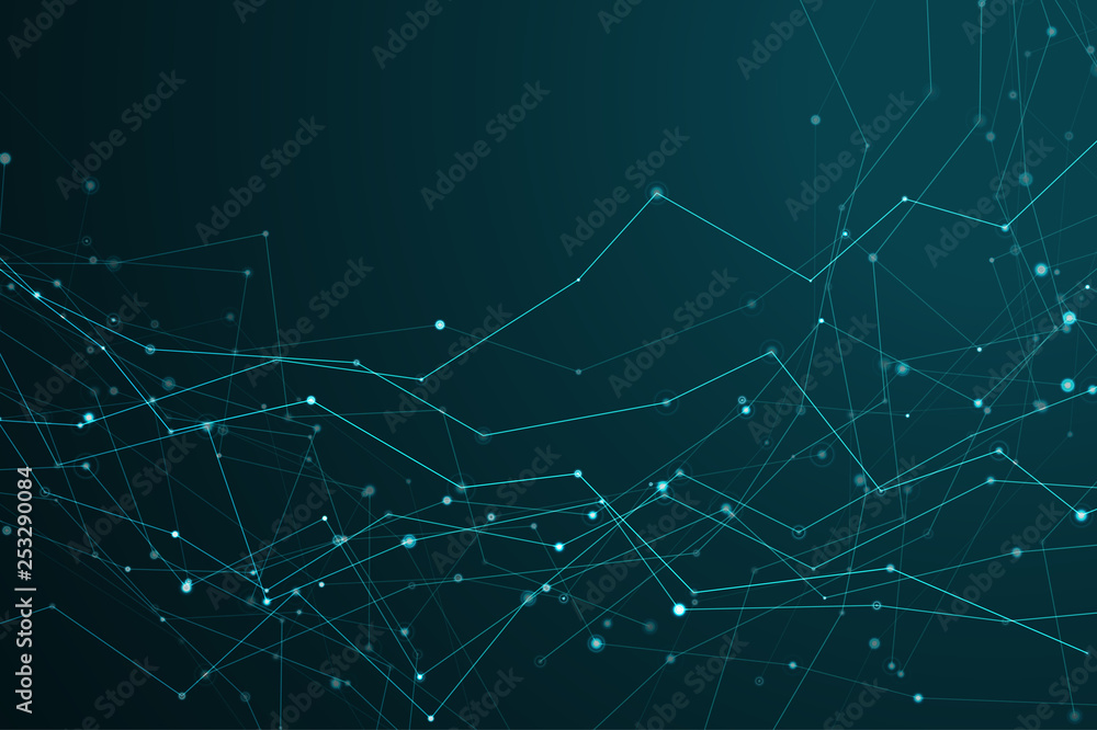 Abstract polygonal shapes. Background with connecting dots and lines. Futuristic molecules on dark background. The technology concept illustration