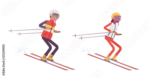 Sporty man and woman ski jumping, enjoy winter outdoor activities on resort, having active holiday, wintertime tourism and recreation. Vector flat style cartoon illustration isolated, white background