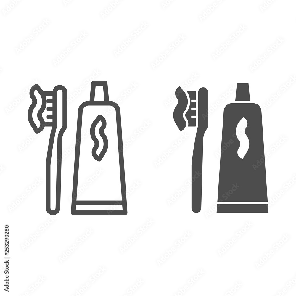 Toothpaste and toothbrush line and glyph icon. Mouth clean vector ...