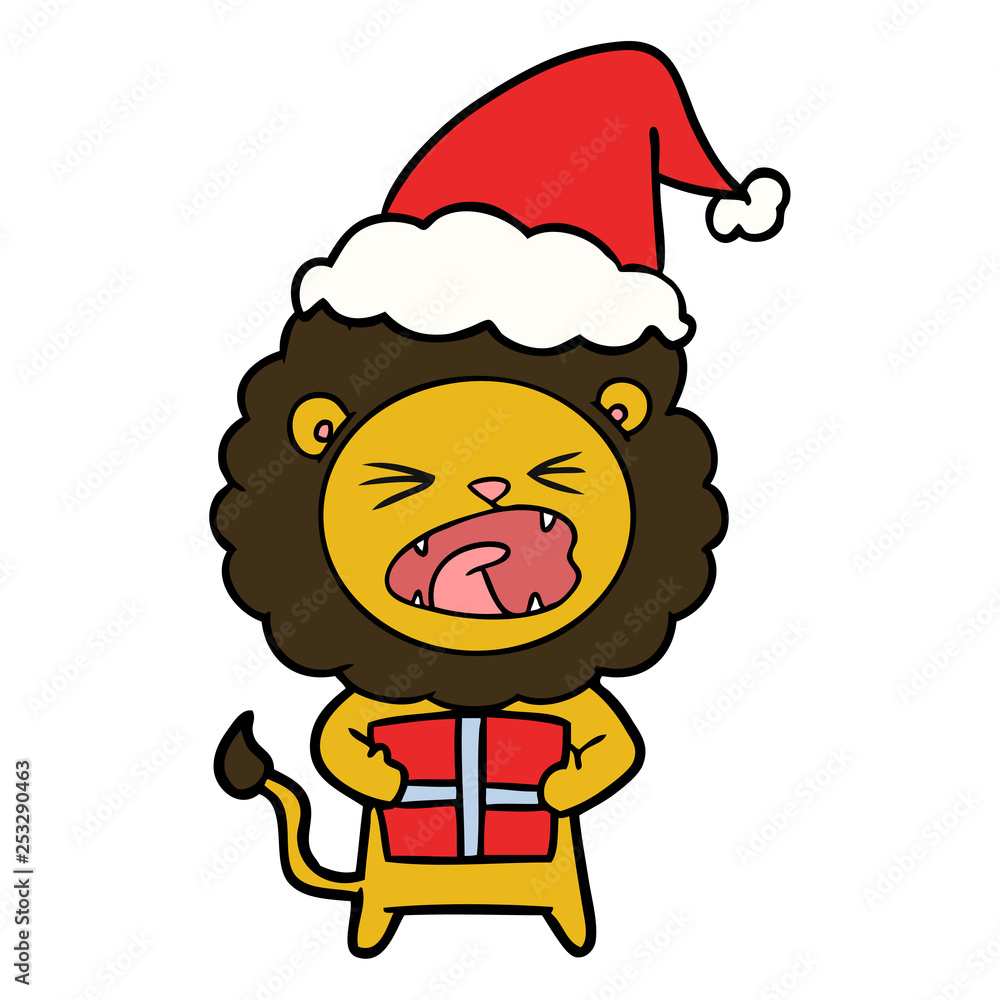 line drawing of a lion with christmas present wearing santa hat line drawing of a lion with christmas present wearing santa hat