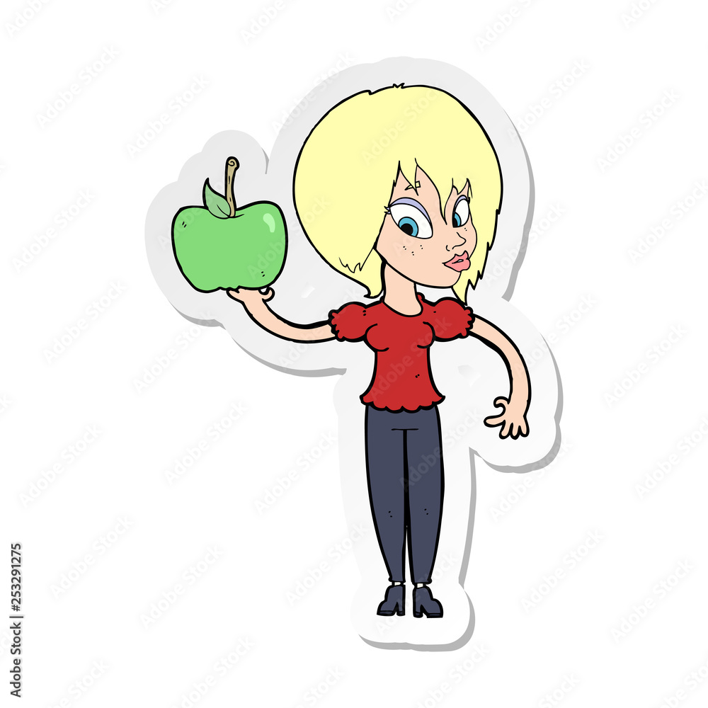 sticker of a cartoon woman holding apple sticker of a cartoon woman holding apple