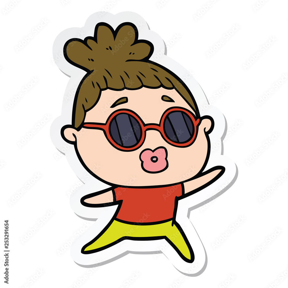 sticker of a cartoon dancing woman wearing sunglasses