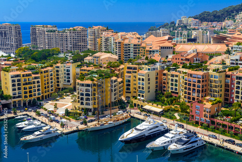 Yachts in bay near houses and hotels  Fontvielle  Monte-Carlo  Monaco  Cote d Azur  French Riviera