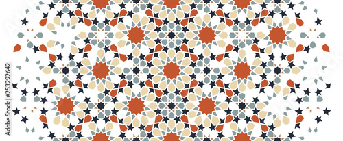 Arabesque seamless vector pattern. Geometric halftone texture with color tile disintegration or breaking