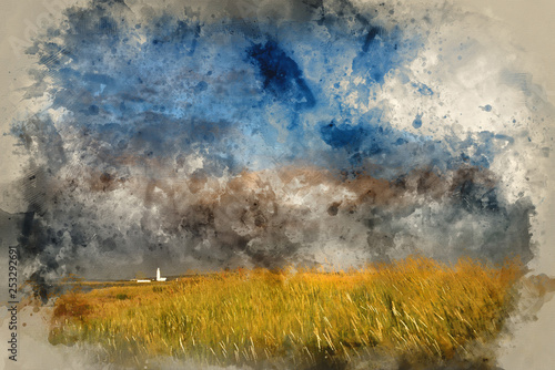 Watercolour painting of Lighthouse in landscape under dramatic stormy sky sunset in Summer