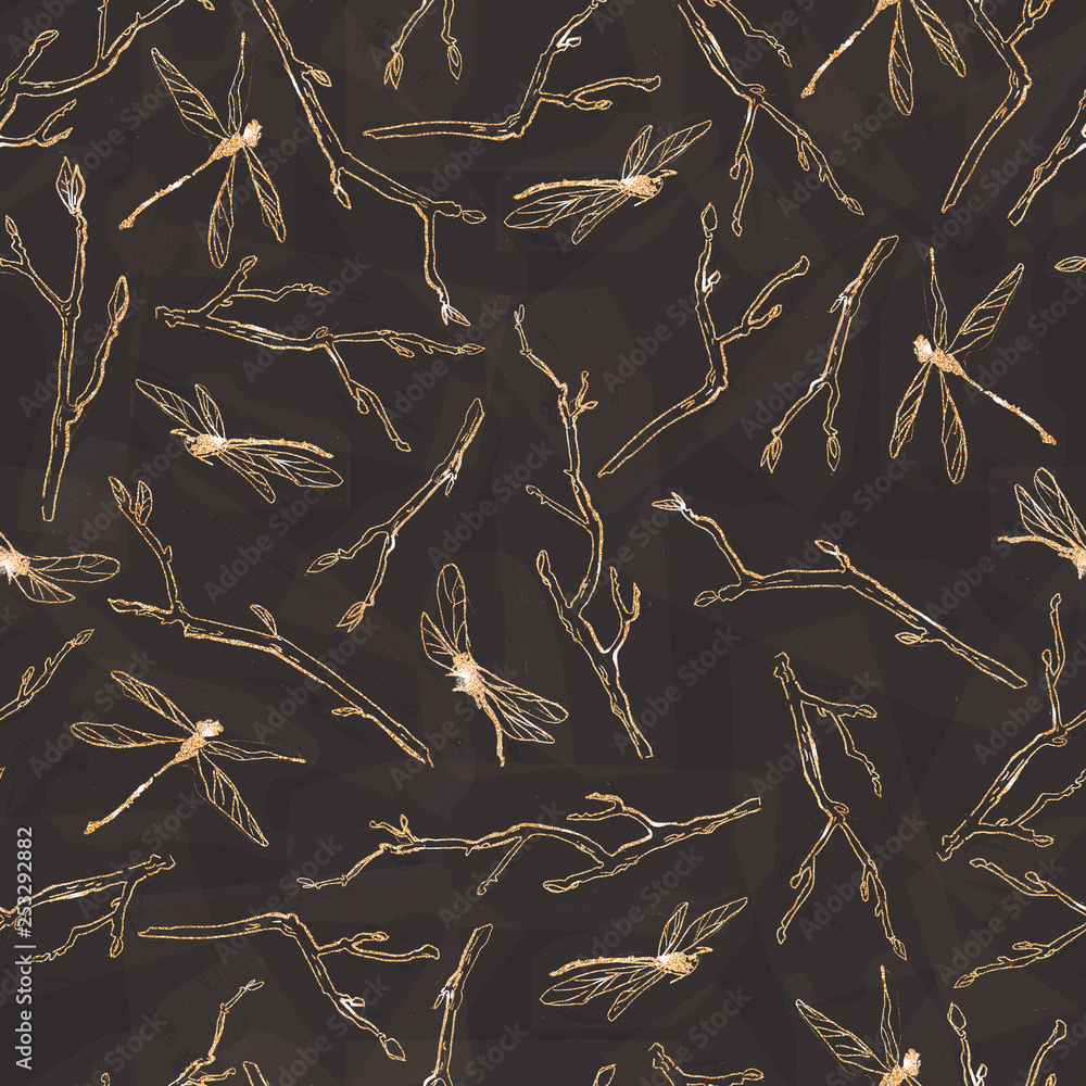 Fototapeta premium Seamless pattern with golden dragonflies and branches on the black background.