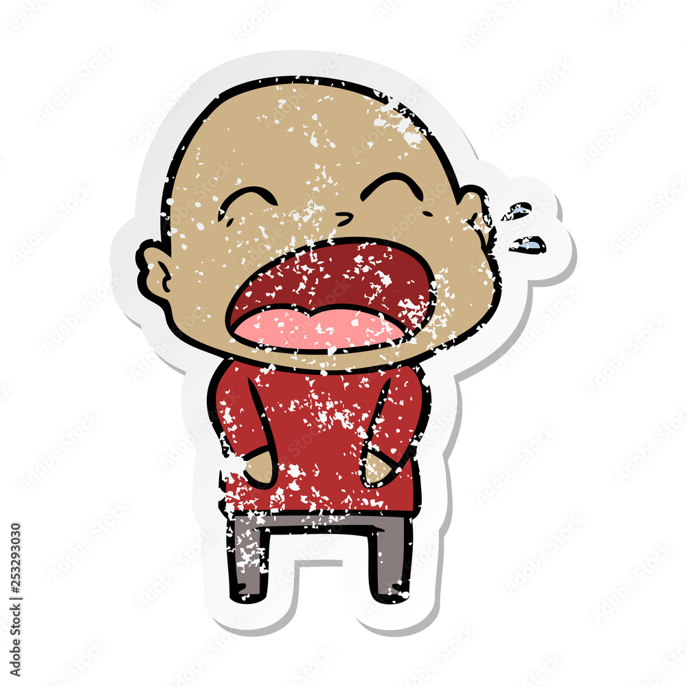 Obraz premium distressed sticker of a cartoon shouting bald man