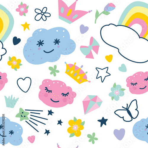 seamless pattern with decorative elements rainbow, clouds, butterfly,stars,crown,diamond