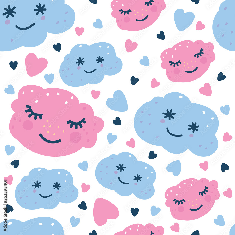 pattern with blue and pink clouds, hearts. Clouds with face