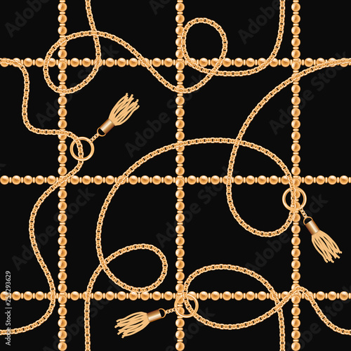 Chains with tassels seamless pattern on black background. For textile, scarf, cravat design. Vector