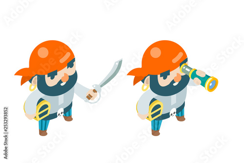 Treasure chest corsair pirate ship buccaneer filibuster sea dog sailor fantasy RPG treasure game isometric character flat design vector illustration