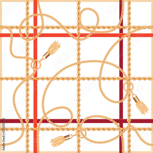 Belts,chains and tassels geometric seamless pattern. Colorful trendy print for fabric, scarf, cravat design. Vector