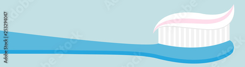 Toothbrush with toothpaste. Brushing teeth Healthy tooth. Oral dental hygiene Blue brush paste icon. Baby care Isolated. Beige background Flat design.