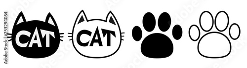 Black cat head face contour silhouette icon set line. Pictogram. Empty template Paw print track. Cute funny cartoon character. Kitty kitten whisker Baby pet. White background. Isolated. Flat