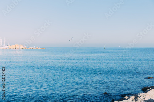 BARCELONA, SPAIN - DECEMBER 28, 2018: scenic view of tranquil sea and clear blue sky