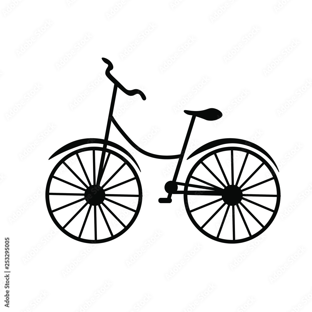 Print, sign, symbol. Bike in black outline on white background.