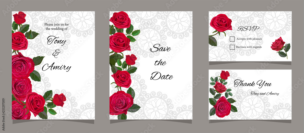Fototapeta Greeting card with red roses, for invitation, wedding, birthday and other holiday and summer background- Vector