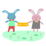 Two cute easter bunny, Happy Easter. Vector illustration