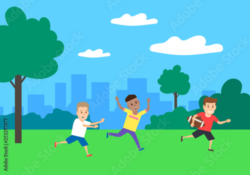 children playing american football in the park