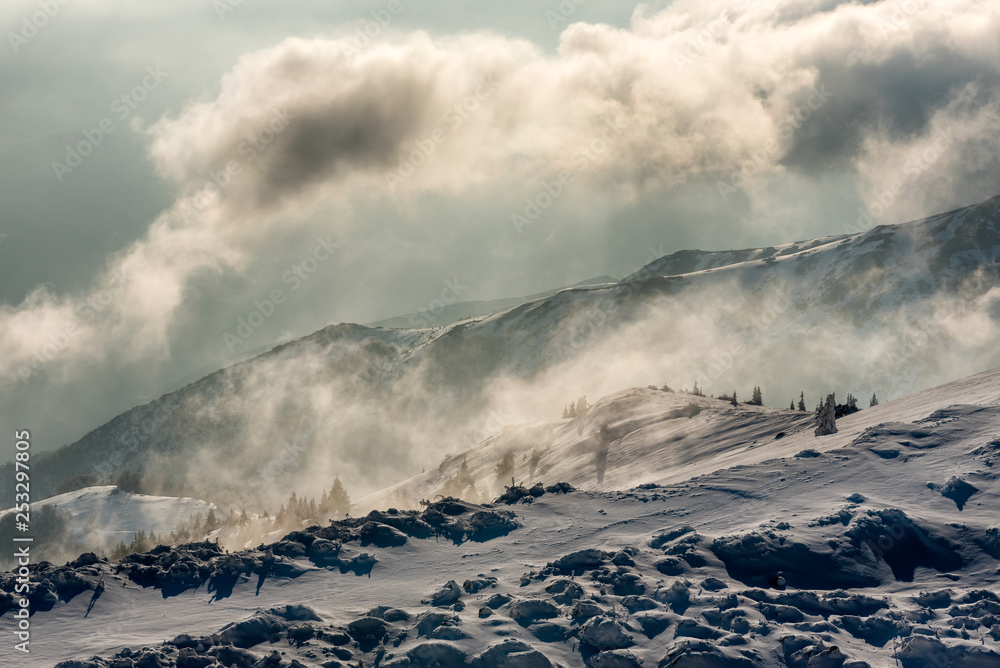 Landscape panorama of snowy mountains at Kopaonik, Serbia