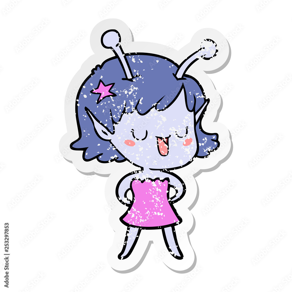 distressed sticker of a happy alien girl cartoon