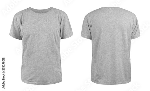 Men's grey blank T-shirt template,from two sides, natural shape on invisible mannequin, for your design mockup for print, isolated on white background..
