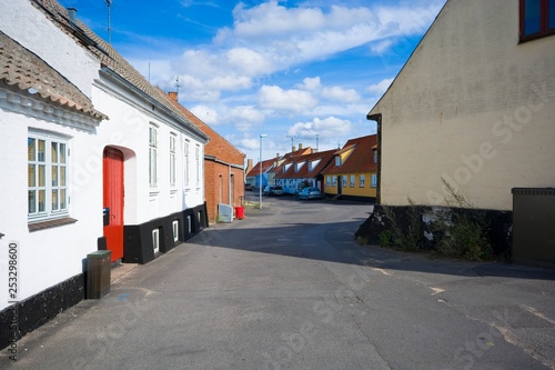 Traditional colorful tiny houses in Aarsdale, Bornholm, Denmark