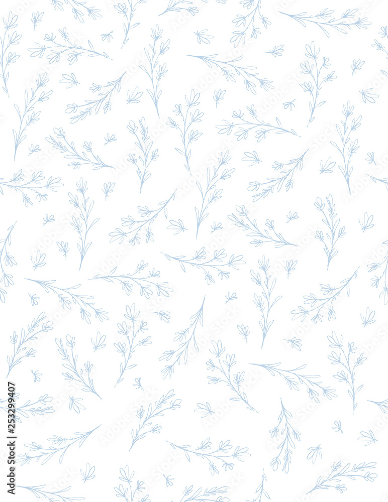 Fototapeta Delicate Romantic Blue Garden Illustration. Hand Drawn Floral Vector Pattern. Blue Twigs on a White Background. Lovely Repeatable Floral Design. Sketched Single Flower Branches.