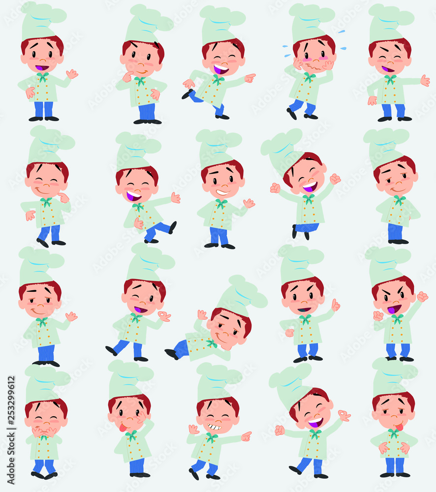 Cartoon character chef. Set with different postures, attitudes and poses, always in positive attitude, doing different activities in vector vector illustrations.