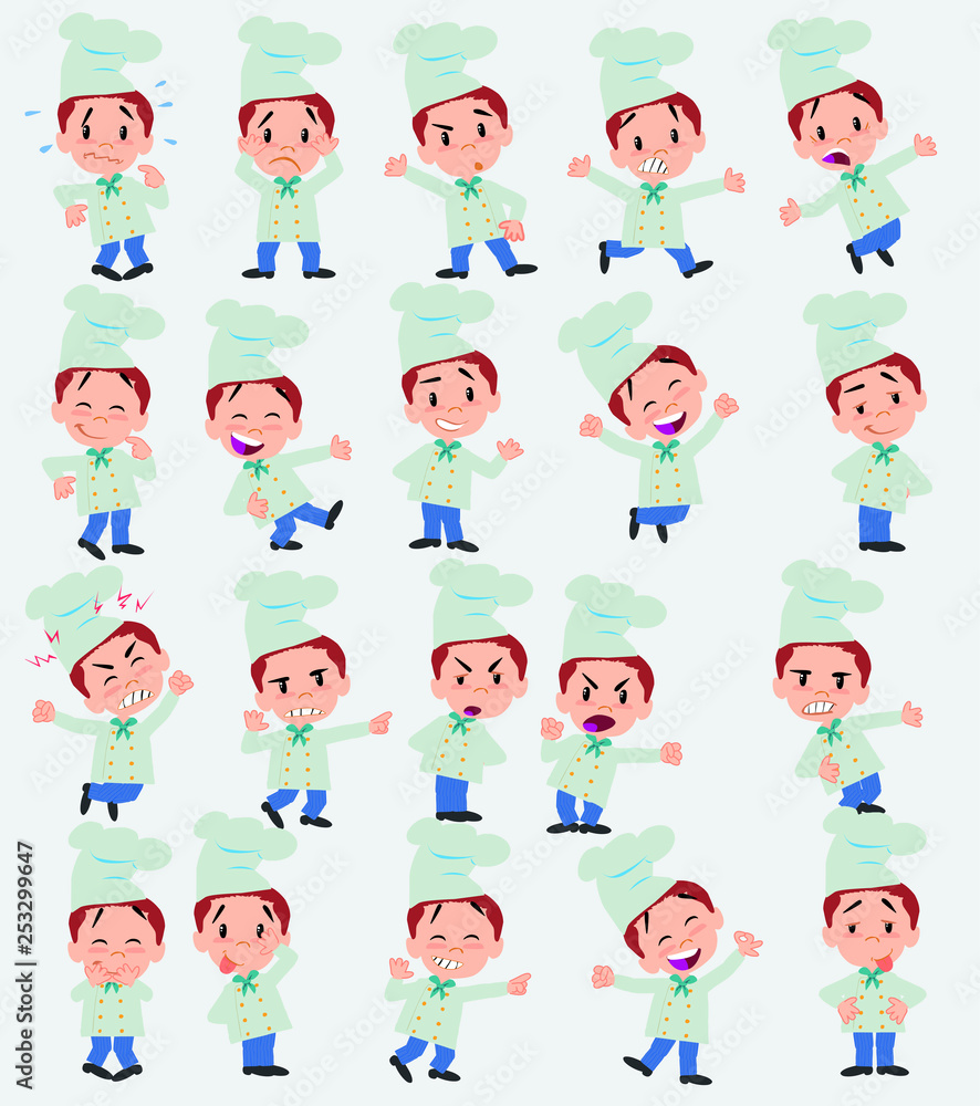 Cartoon character chef. Set with different postures, attitudes and poses, doing different activities in isolated vector illustrations. Cartoon character chef. Set with different postures, attitudes and poses, doing different activities in isolated vector illustrations.