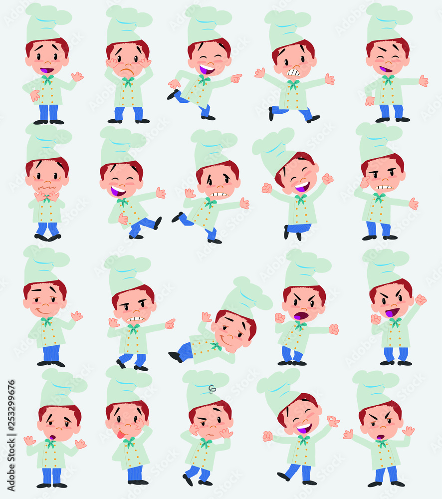 Cartoon character chef. Set with different postures, attitudes and poses, doing different activities in isolated vector illustrations.