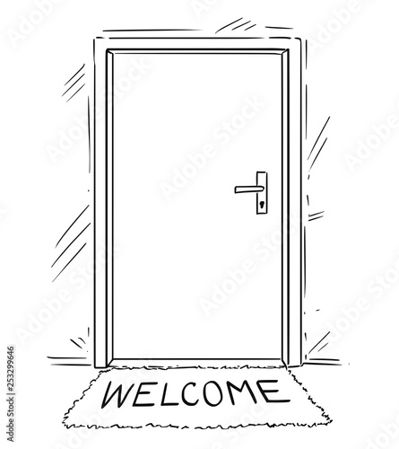 Cartoon conceptual drawing or illustration of closed door with welcome text on mat or doormat.